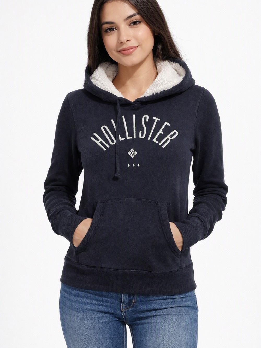 Hollister Navy Sherpa Hooded Logo Pullover